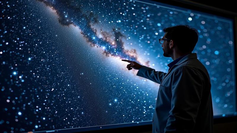 A researcher pointing at a sprawling star map, labels blurring like motion lines, as if the Milky Way has somewhere very urgent to be.