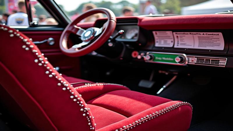 A close-up of a velvet driver’s seat on a festival stage, studded with rhinestones, dashboard displaying setlist, contract, and a big green 'Pay Now' button.
