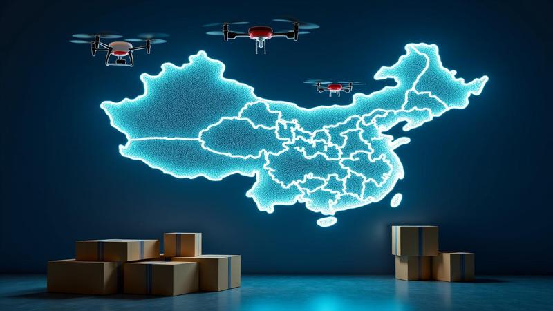An Asian logistics center map glows on a wall as drones hover over awaiting deliveries.