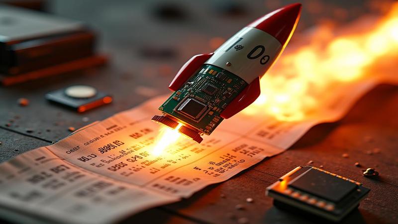 A CPU strapped to a rocket blasting through a receipt, tiny fans trying to cool a burning wallet.