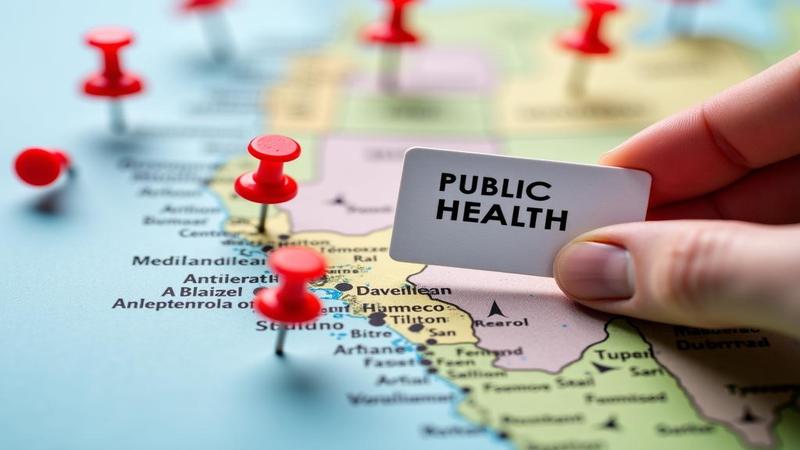 Close-up of a public health map with red pins and a hand holding a vaccine card, ominous yet ridiculous.