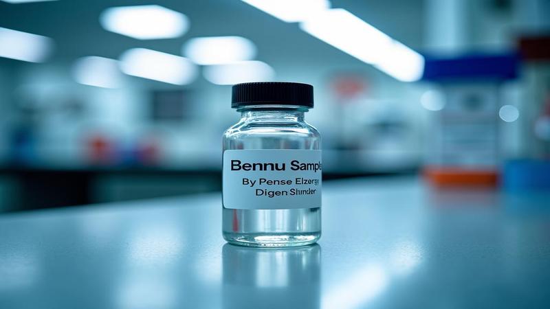 A Bennu sample canister sits on a sterile lab bench, labeled and ready for questions, with a glassy gleam under fluorescent lights.