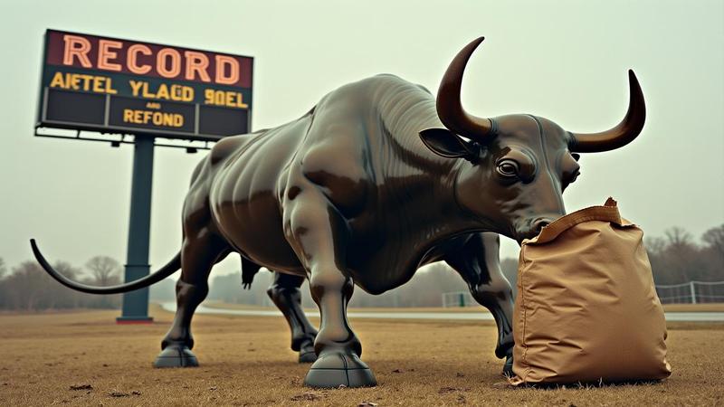 A giant bronze bull hyperventilates into a paper bag as a scoreboard flips from “RECORD” to “REFUND.”