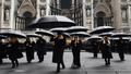Donatella Versace leading black-clad mourners outside Milan cathedral, couture umbrellas aligned, camera flashes like sequins in grayscale.