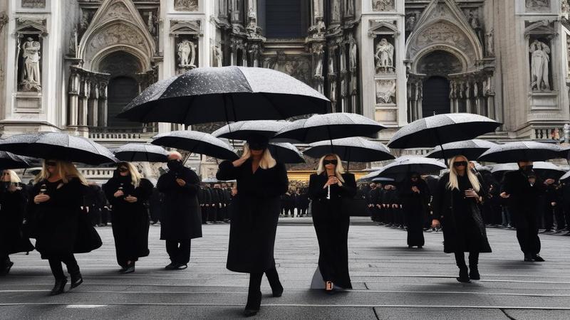 Donatella Versace leading black-clad mourners outside Milan cathedral, couture umbrellas aligned, camera flashes like sequins in grayscale.
