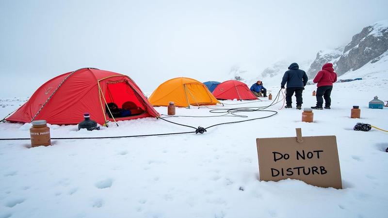 Sherpa team coils ropes beside abandoned neon tents at high camp, evac underway, snow spindrift, thermoses and oxygen bottles, a cardboard 'Do Not Disturb' sign half-buried in drift.