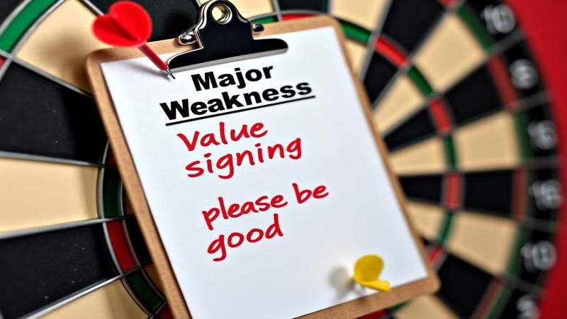 A clipboard titled 'Major Weakness' taped to a dartboard, with darts labeled 'value signing' and 'please be good' barely sticking.