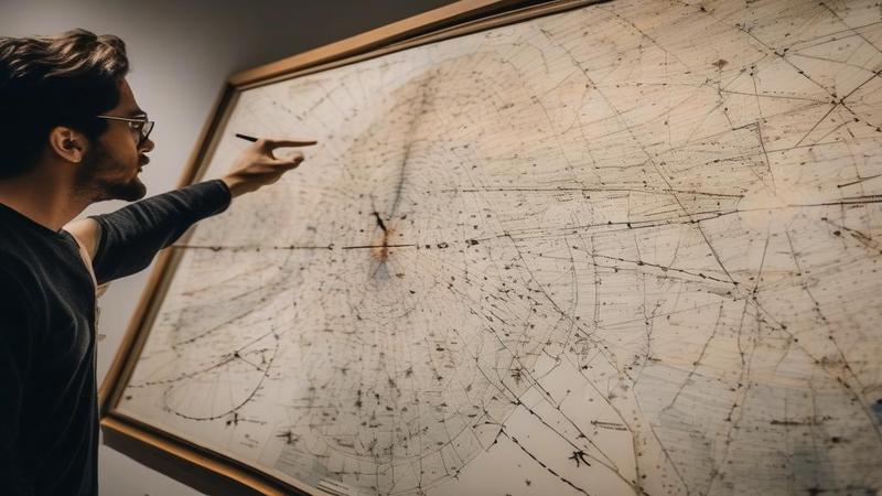 A researcher pointing at a sprawling star map, labels blurring like motion lines, as if the Milky Way has somewhere very urgent to be.