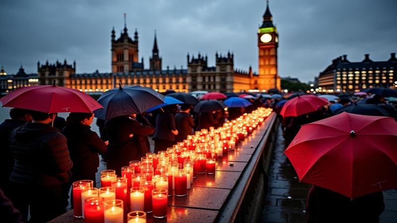 Candles and umbrellas near Westminster as thousands stand in rain, placards balanced against wind and memory.