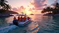 Ballot boxes ferried between tropical islands at dusk, election officials in reflective vests, palm trees, a small patrol boat trailing, sky cotton-candy pink, humorously earnest logistical ballet captured mid-splash.