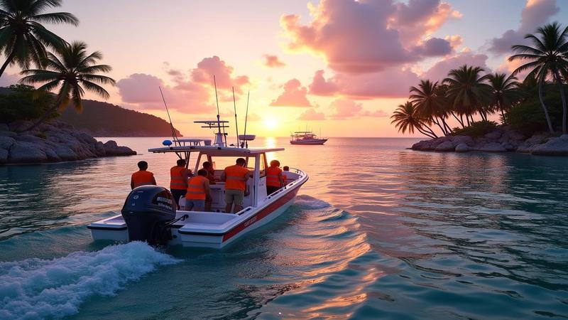 Ballot boxes ferried between tropical islands at dusk, election officials in reflective vests, palm trees, a small patrol boat trailing, sky cotton-candy pink, humorously earnest logistical ballet captured mid-splash.