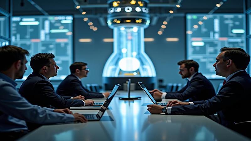 Staff members study a long briefing in a conference room, a glowing model reactor in the background.