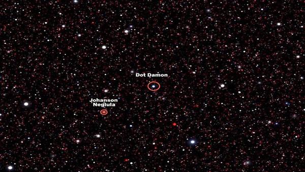 JWST deep field sprinkled with tiny red specks, each circled, labeled with absurd nicknames like 'Dot Damon' and 'Scarlett Johansson Nebula.'