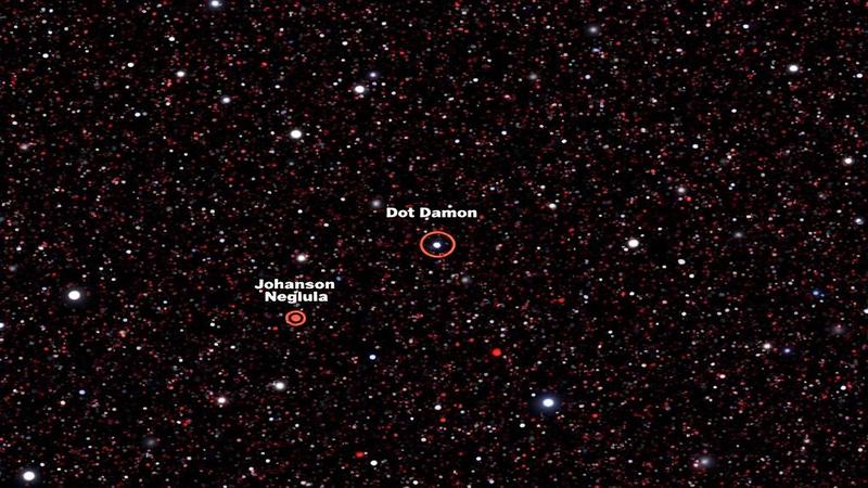 JWST deep field sprinkled with tiny red specks, each circled, labeled with absurd nicknames like 'Dot Damon' and 'Scarlett Johansson Nebula.'