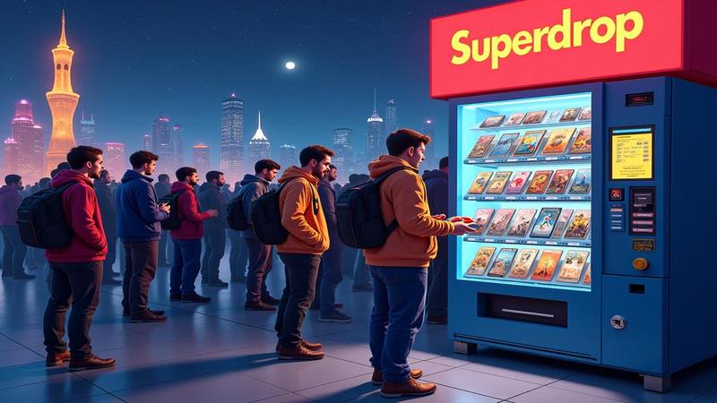 Collectors in a midnight line, swapping controllers for card sleeves, a vending machine labeled 'Superdrop' dispensing booster-sized price tags and corporate synergy.