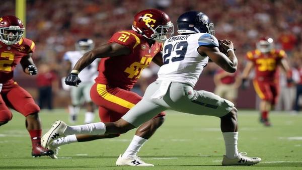 Jeremiyah Love bursting through a yawning lane as USC defenders audition for phantom-tackle pantomime under stadium lights.