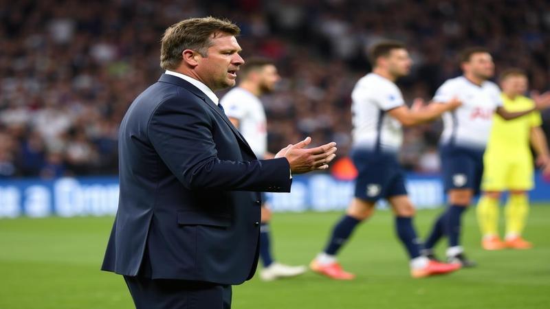 Ange Postecoglou gesturing at an invisible whiteboard while Spurs celebrate behind him and a Brighton defender looks into the middle distance, seeking VAR or enlightenment.