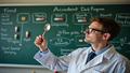 A scientist wields a spoon as if a scalpel, standing before a chalkboard of food-pill diagrams.