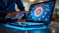 Close-up of a concept laptop with a rotating screen mid-swivel, executives pointing like it’s a miracle, cables bracing for drama.