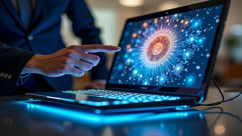 Close-up of a concept laptop with a rotating screen mid-swivel, executives pointing like it’s a miracle, cables bracing for drama.