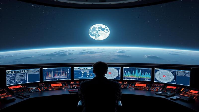 Mission control glows with screens showing spiraling graphs as a pale lunar horizon fills the projection.