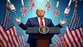 Trump at a podium surrounded by oversized vaccine vials and a halo of question marks, half-serious, half-comically urgent.