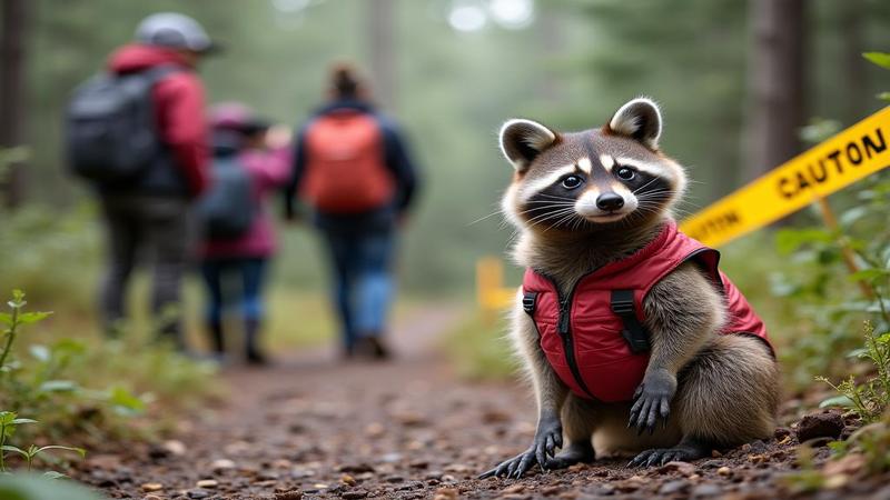 Raccoon in a tiny vest watches as hikers pose for selfies near caution tape.