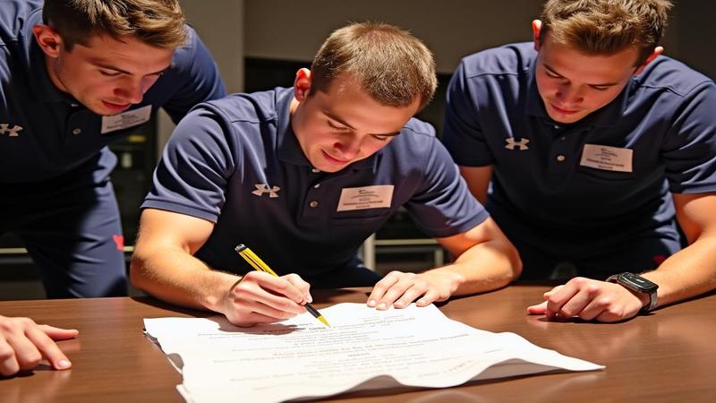 An exhausted practice squad member signs a contract-shaped napkin while teammates pretend it's a championship.