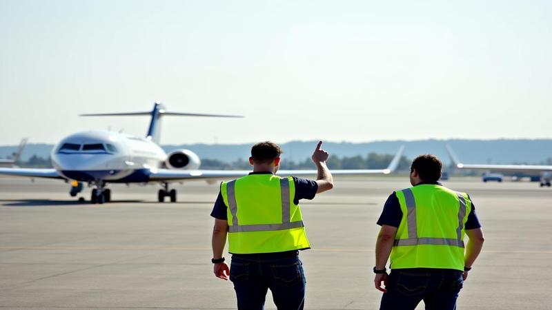 High-visibility vests point into an empty Bavarian sky as grounded jets sulk on the tarmac, questioning their life choices.