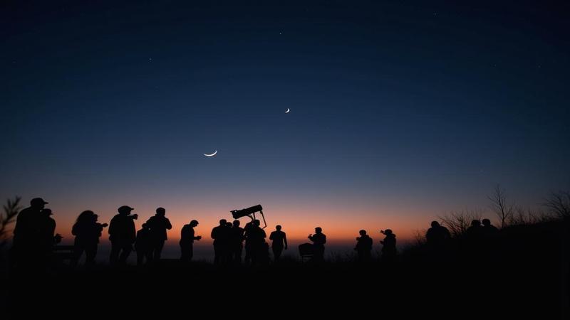 Thin crescent moon sidling up to a bright star near Virgo, twilight gradient sky, silhouettes of bewildered backyard astronomers clutching coffee like ceremonial offerings.