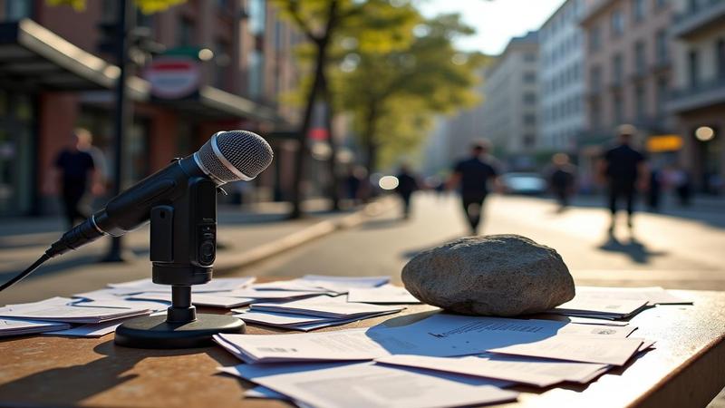 An abandoned podium with a toppled mic, a lone rock on pamphlets, and a police line glinting under afternoon light.