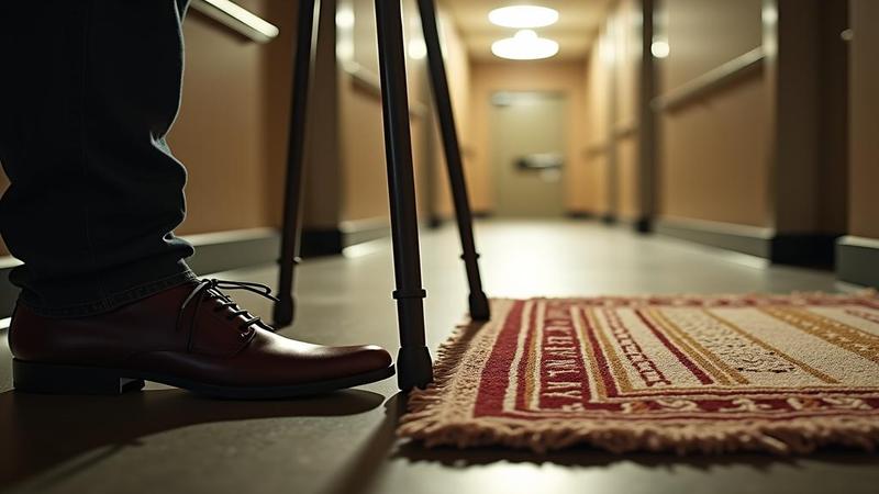 Close-up of sensible shoes, cane, and grab bar in a well-lit hallway, dramatic spotlight on a defeated throw rug folded like a surrendering villain.