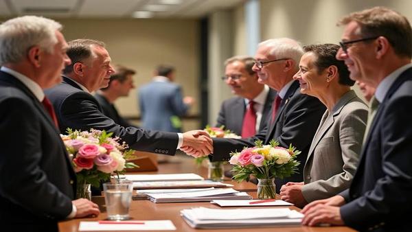 Relatives at a podium, flowers and notes, a ghosted handshake hovering awkwardly nearby.