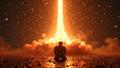 A trader kneels before a glowing GPU altar as an S&P chart rockets upward, confetti falling, servers steaming like incense.