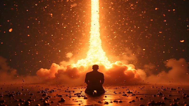A trader kneels before a glowing GPU altar as an S&P chart rockets upward, confetti falling, servers steaming like incense.