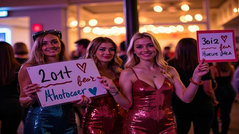 Fans in sequined attire holding calendars and heart signs outside a shuttered theater, neon reflections shimmering like patient applause.