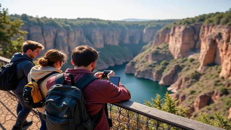 Lost tourists peering over a fenced quarry as their phone map displays a majestic palace that clearly does not exist, while a warning sign reads, 'Unstable edge'.