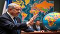 Netanyahu at a podium gesturing at a map like it owes him rent, while aides rotate a globe hoping the Middle East lands somewhere that agrees with the speech.