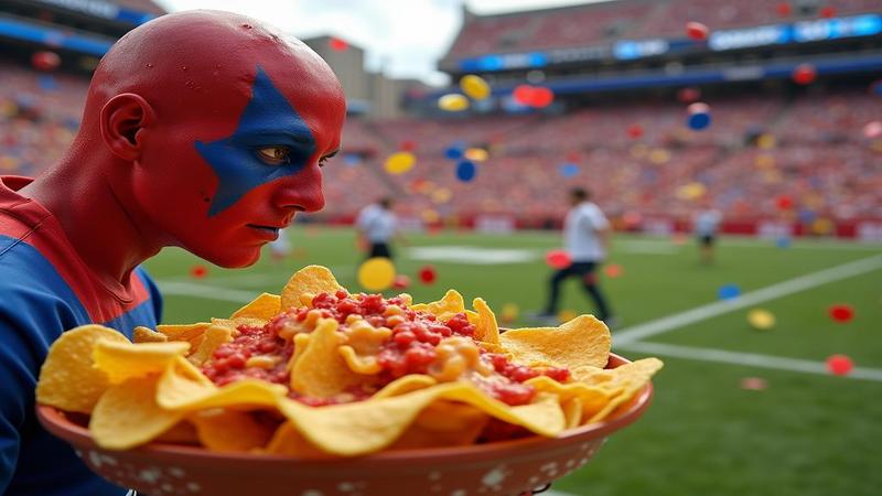 A fan in face paint cradling cold nachos, glaring at a missed field goal as confetti inexplicably falls for nobody.