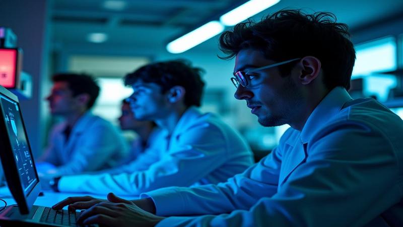 A group of interns watch a brain clock and panic while the lab hums with fluorescent glow.
