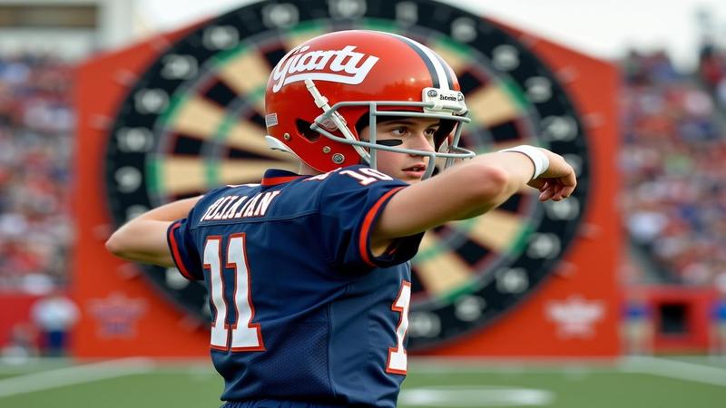 Jaxson Dart in a Giants helmet, poised mid-throw, with a massive dartboard disguised as a playbook behind him.