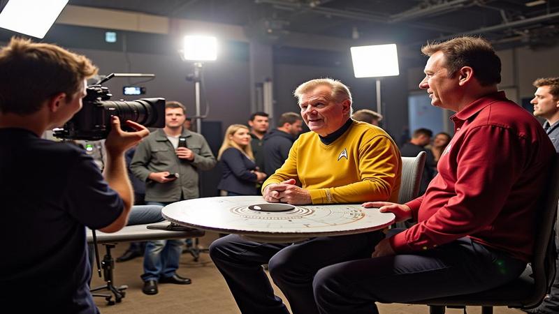 A dramatic, over-the-top press setup with empty stretchers, flashing cameras, and a cardboard USS Enterprise beside a very healthy Shatner.
