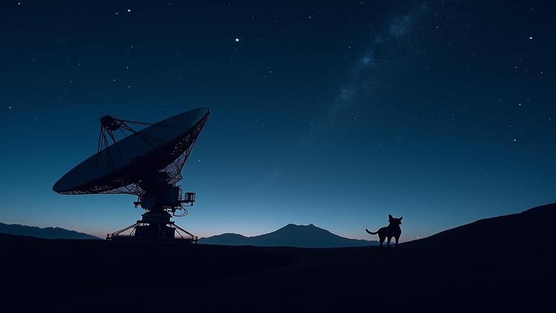 A lonely Deep Space Network dish under night sky, staring into stars like a dog that lost the ball.