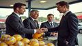Front-office suits at a gas station counter, handing a golden ticket to a baffled clerk, surrounded by mountains of scratch-offs and a trembling football helmet.