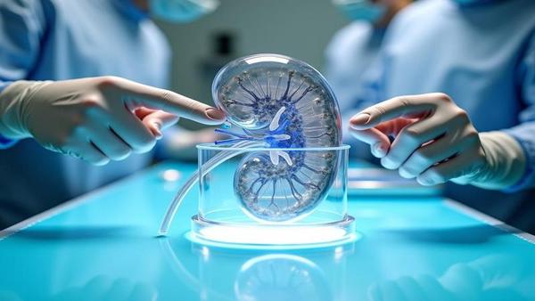 Sterile lab bench with a gleaming synthetic kidney labeled “Universal,” surgeons pointing like it’s a new smartphone, cables resembling vessels ready to connect.