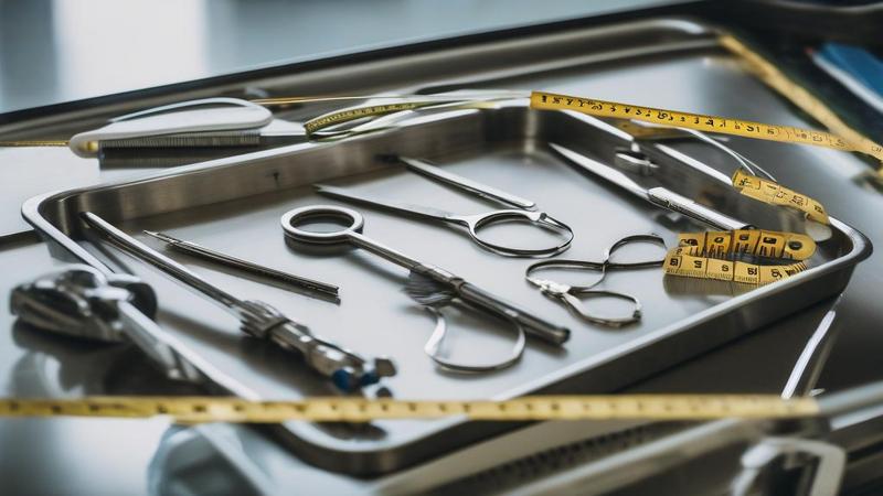 Close-up of surgical instruments beside a measuring tape on a hospital tray, implying weight loss by literal reconfiguration.