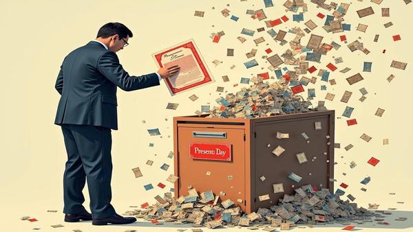 Taiwanese official drops a red-stamped invitation into a shredder labeled Present Day, confetti of old maps fluttering as a calendar tries to leap backward.