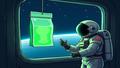 Astronaut gestures at a floating, sealed sample bag glowing cartoonishly green, while Earth’s curve hangs smugly in the window.
