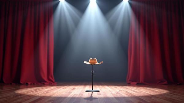 Empty Las Vegas stage lit by rhinestone spotlight, a lone mic stand wearing a cowboy hat, waiting for Dolly Parton.