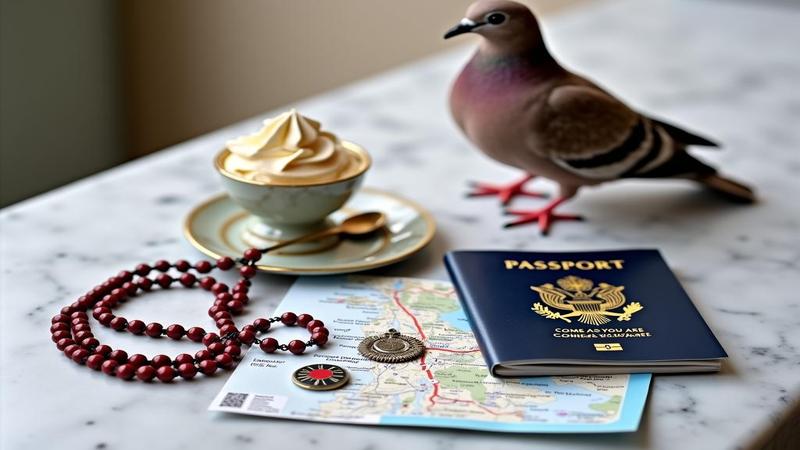 Close-up of rosaries and pride pins on a marble ledge; a passport stamped 'Come As You Are' beside gelato, a guide map, and a quietly smug dove.